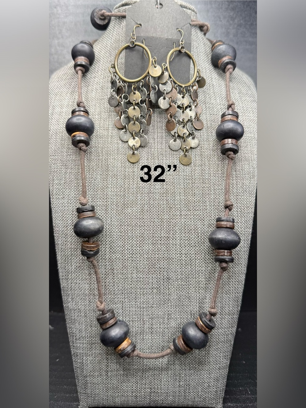 Handcrafted Boho Black and Brown Beaded Necklace - 32"